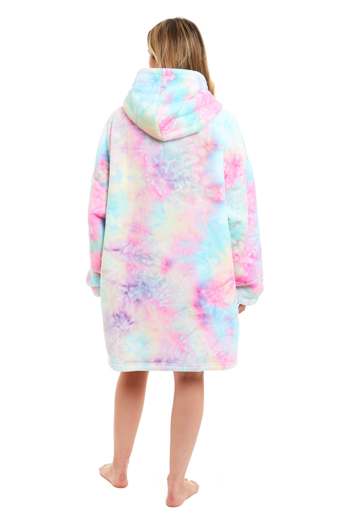 Oversized Tie Dye Rainbow Hooded Plush Fleece Blanket with Reversible Ultra Soft Sherpa, Giant Hoodie Sweatshirt for Adults and Kids with Elastic Cuffs and Pocket by Daisy Dreamer Hooded Blanket
