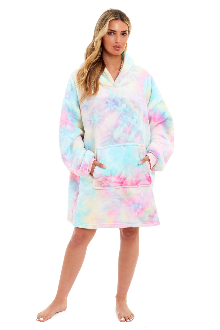 Oversized Tie Dye Rainbow Hooded Plush Fleece Blanket with Reversible Ultra Soft Sherpa, Giant Hoodie Sweatshirt for Adults and Kids with Elastic Cuffs and Pocket by Daisy Dreamer Hooded Blanket