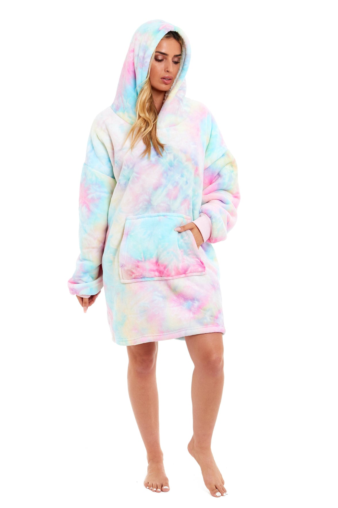 Oversized Tie Dye Rainbow Hooded Plush Fleece Blanket with Reversible Ultra Soft Sherpa, Giant Hoodie Sweatshirt for Adults and Kids with Elastic Cuffs and Pocket by Daisy Dreamer Hooded Blanket
