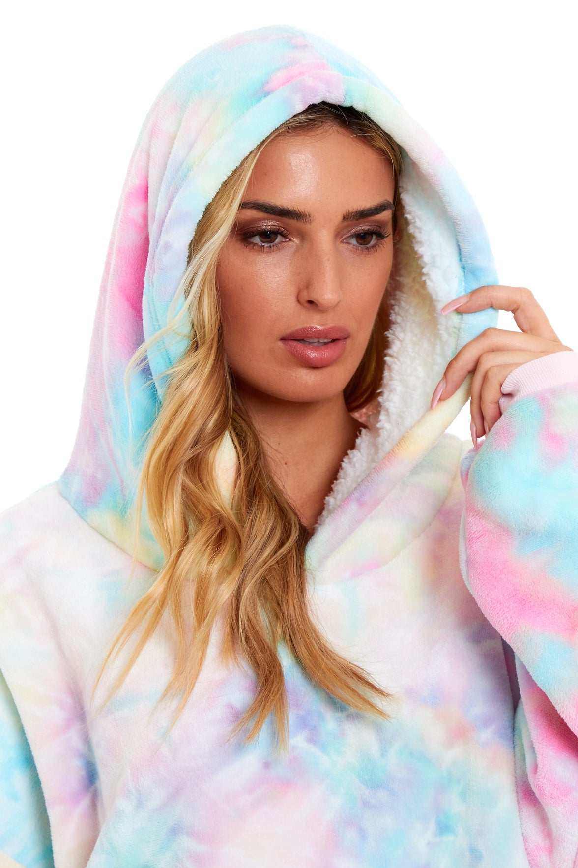 Oversized Tie Dye Rainbow Hooded Plush Fleece Blanket with Reversible Ultra Soft Sherpa, Giant Hoodie Sweatshirt for Adults and Kids with Elastic Cuffs and Pocket by Daisy Dreamer Hooded Blanket