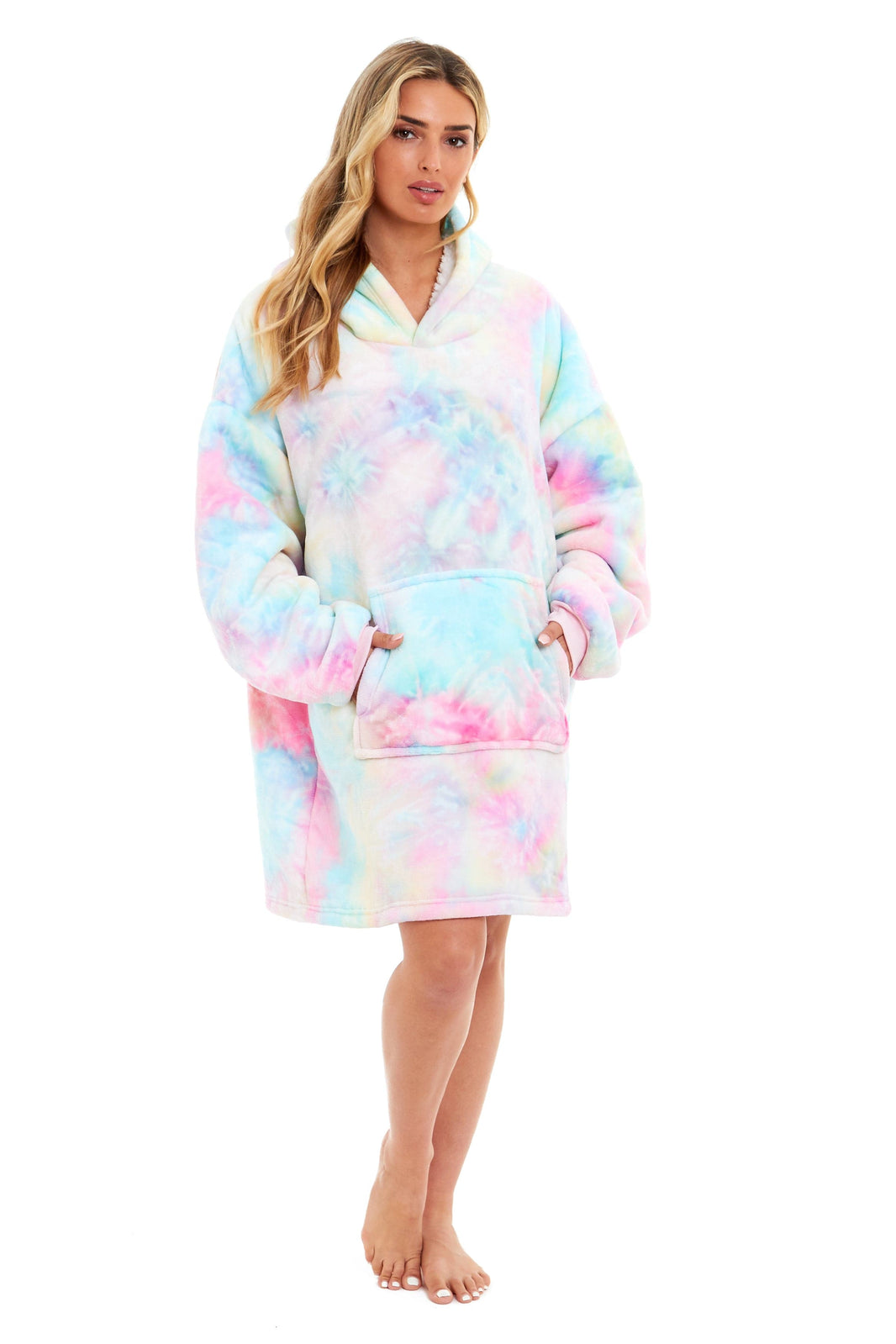 Oversized Tie Dye Rainbow Hooded Plush Fleece Blanket with Reversible Ultra Soft Sherpa, Giant Hoodie Sweatshirt for Adults and Kids with Elastic Cuffs and Pocket by Daisy Dreamer Hooded Blanket