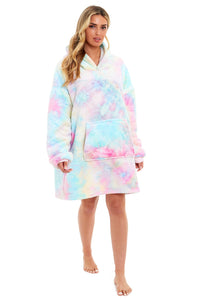 Oversized Tie Dye Rainbow Hooded Plush Fleece Blanket with Reversible Ultra Soft Sherpa, Giant Hoodie Sweatshirt for Adults and Kids with Elastic Cuffs and Pocket by Daisy Dreamer Hooded Blanket