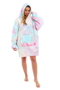 Oversized Tie Dye Rainbow Hooded Plush Fleece Blanket with Reversible Ultra Soft Sherpa, Giant Hoodie Sweatshirt for Adults and Kids with Elastic Cuffs and Pocket by Daisy Dreamer Hooded Blanket