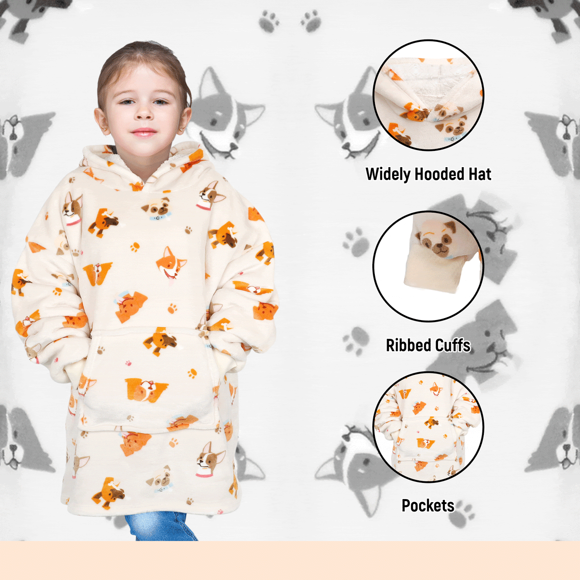 Kids Oversized Hooded Blanket Hoodie Sherpa Fur Fleece Dogs Pattern Ultra Soft Cozy Loungewear for Boys and Girls Aged 8-15 by Daisy Dreamer DOGS Hooded Blanket
