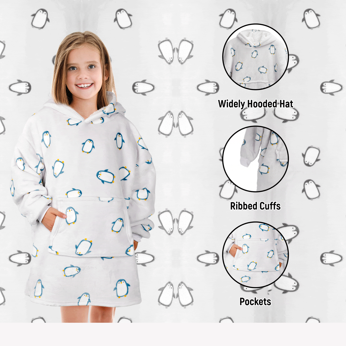 Kids Oversized Hooded Penguin Blanket Hoodie Ultra Soft Sherpa Flannel for Ages 8-15 Warm and Cozy by Daisy Dreamer PENGUIN Hooded Blanket