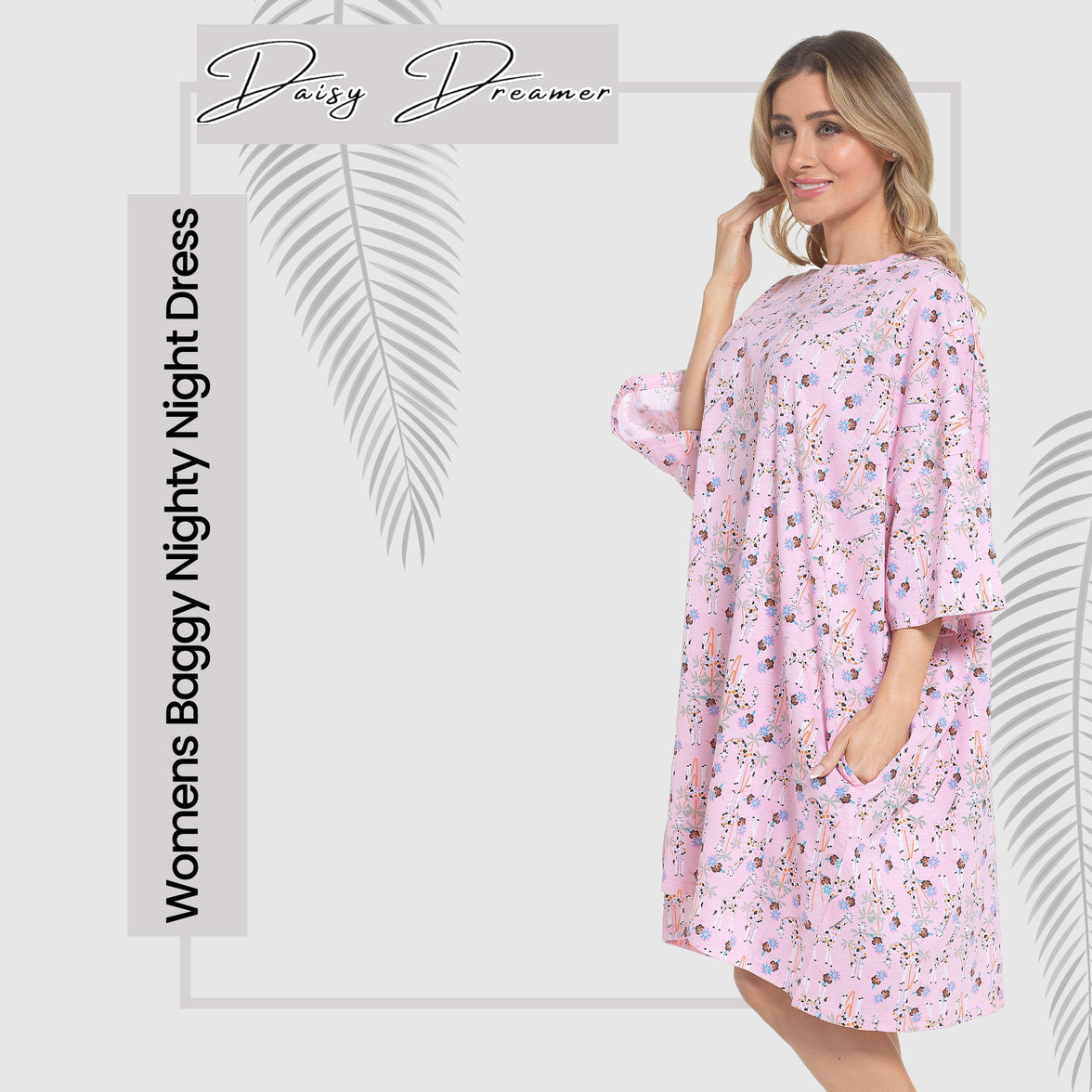 Women's Giraffe Baggy Nighty Dress Oversized T-Shirt Nighties 100% Cotton Short Sleeved Nightshirt for Ladies by Daisy Dreamer GIRAFFE Night Dress