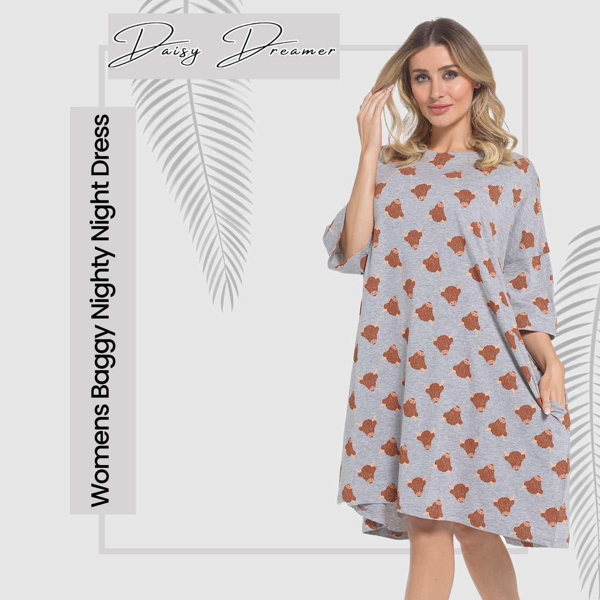 Women's Highland Cow Cream Baggy Nighty Dress Oversized T-Shirt Nighties 100% Cotton Short Sleeved Nightshirt for Ladies by Daisy Dreamer HIGHLAND COW Night Dress