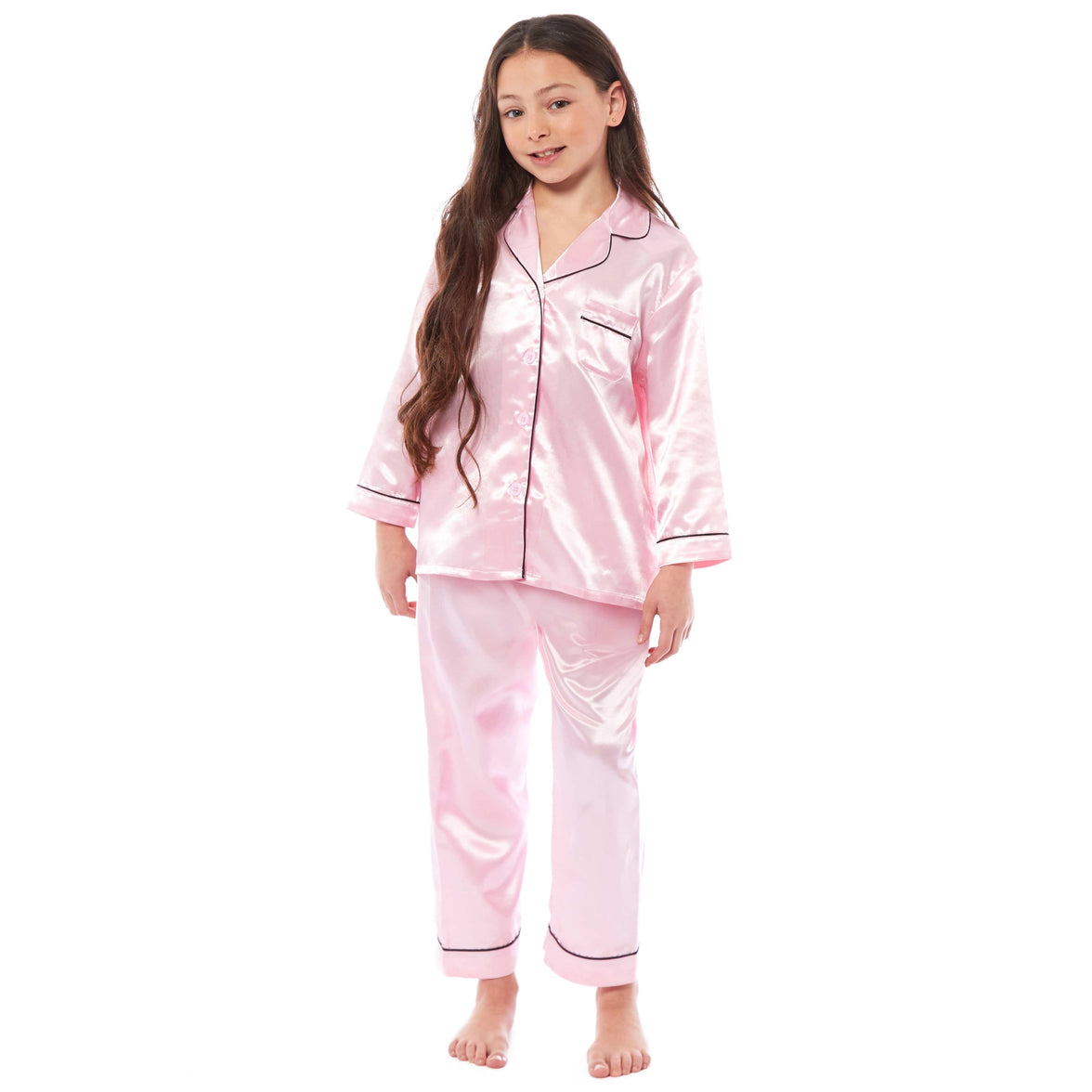 Girls Satin Silk Long Sleeve Pyjama Set Elegant Loungewear Cosy Nightwear Button-Down Shirt Loose-Fit Pants Black Pink Grey Sizes 5-14 by Daisy Dreamer Pyjamas