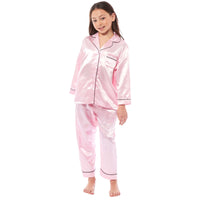 Girls Satin Silk Long Sleeve Pyjama Set Elegant Loungewear Cosy Nightwear Button-Down Shirt Loose-Fit Pants Black Pink Grey Sizes 5-14 by Daisy Dreamer 5-6 YRS / PINK Pyjamas