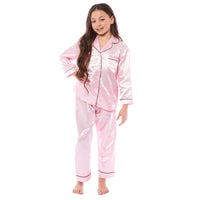 Girls Satin Silk Long Sleeve Pyjama Set Elegant Loungewear Cosy Nightwear Button-Down Shirt Loose-Fit Pants Black Pink Grey Sizes 5-14 by Daisy Dreamer Pyjamas