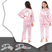 Girls Satin Silk Long Sleeve Pyjama Set Elegant Loungewear Cosy Nightwear Button-Down Shirt Loose-Fit Pants Black Pink Grey Sizes 5-14 by Daisy Dreamer Pyjamas
