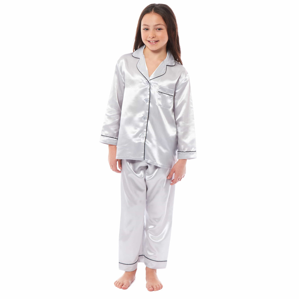 Girls Satin Silk Long Sleeve Pyjama Set Elegant Loungewear Cosy Nightwear Button-Down Shirt Loose-Fit Pants Black Pink Grey Sizes 5-14 by Daisy Dreamer 5-6 YRS / GREY Pyjamas