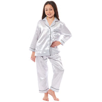 Girls Satin Silk Long Sleeve Pyjama Set Elegant Loungewear Cosy Nightwear Button-Down Shirt Loose-Fit Pants Black Pink Grey Sizes 5-14 by Daisy Dreamer Pyjamas