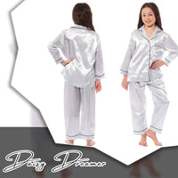 Girls Satin Silk Long Sleeve Pyjama Set Elegant Loungewear Cosy Nightwear Button-Down Shirt Loose-Fit Pants Black Pink Grey Sizes 5-14 by Daisy Dreamer Pyjamas