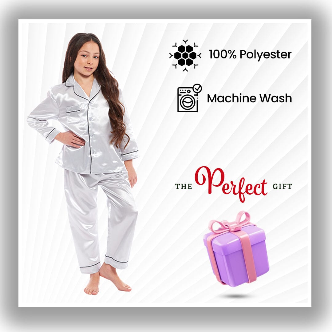 Girls Satin Silk Long Sleeve Pyjama Set Elegant Loungewear Cosy Nightwear Button-Down Shirt Loose-Fit Pants Black Pink Grey Sizes 5-14 by Daisy Dreamer Pyjamas