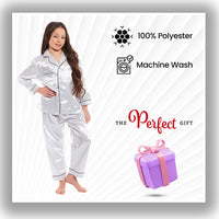 Girls Satin Silk Long Sleeve Pyjama Set Elegant Loungewear Cosy Nightwear Button-Down Shirt Loose-Fit Pants Black Pink Grey Sizes 5-14 by Daisy Dreamer Pyjamas