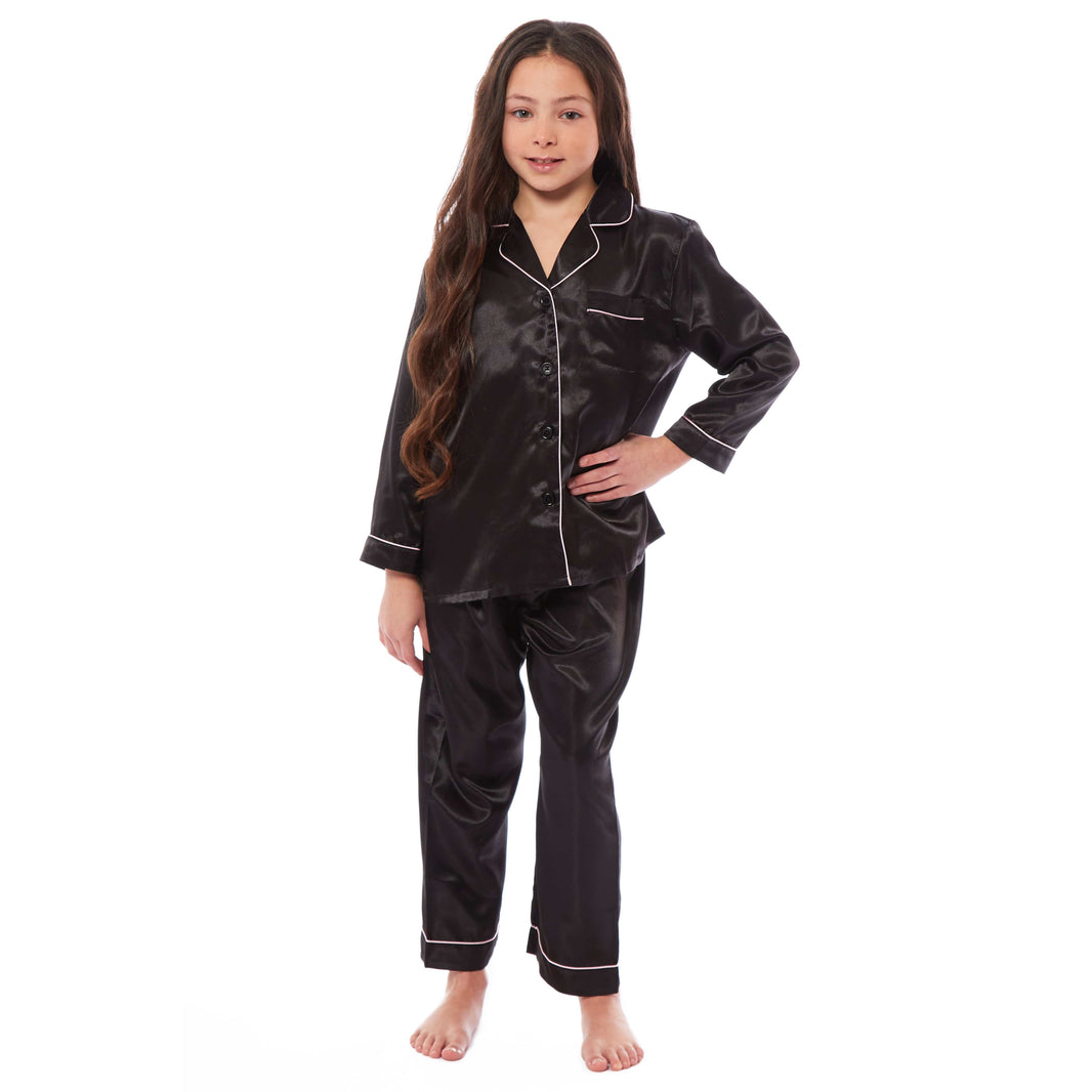 Girls Satin Silk Long Sleeve Pyjama Set Elegant Loungewear Cosy Nightwear Button-Down Shirt Loose-Fit Pants Black Pink Grey Sizes 5-14 by Daisy Dreamer Pyjamas