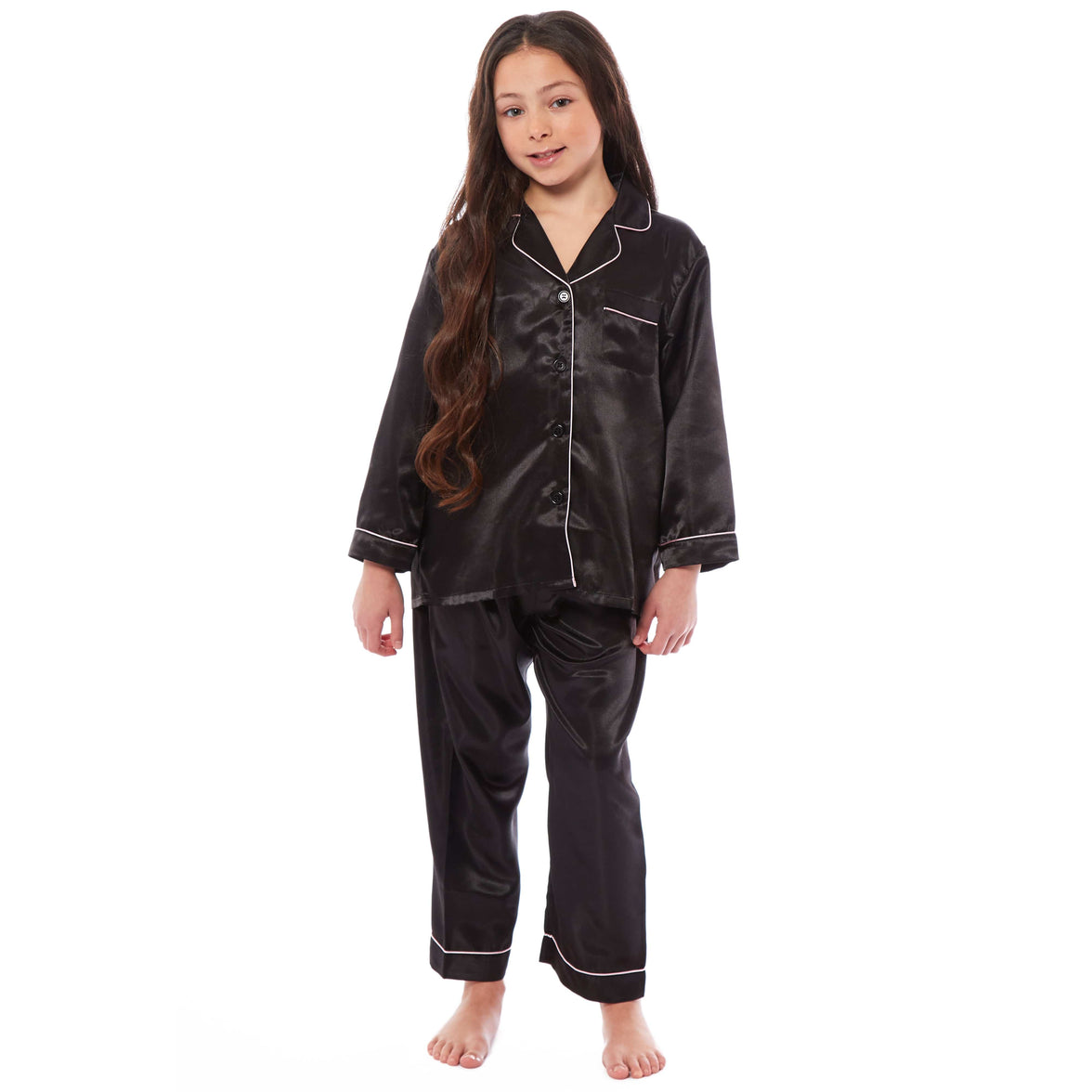 Girls Satin Silk Long Sleeve Pyjama Set Elegant Loungewear Cosy Nightwear Button-Down Shirt Loose-Fit Pants Black Pink Grey Sizes 5-14 by Daisy Dreamer Pyjamas