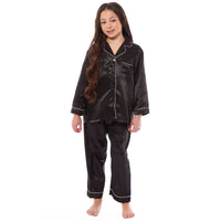 Girls Satin Silk Long Sleeve Pyjama Set Elegant Loungewear Cosy Nightwear Button-Down Shirt Loose-Fit Pants Black Pink Grey Sizes 5-14 by Daisy Dreamer Pyjamas