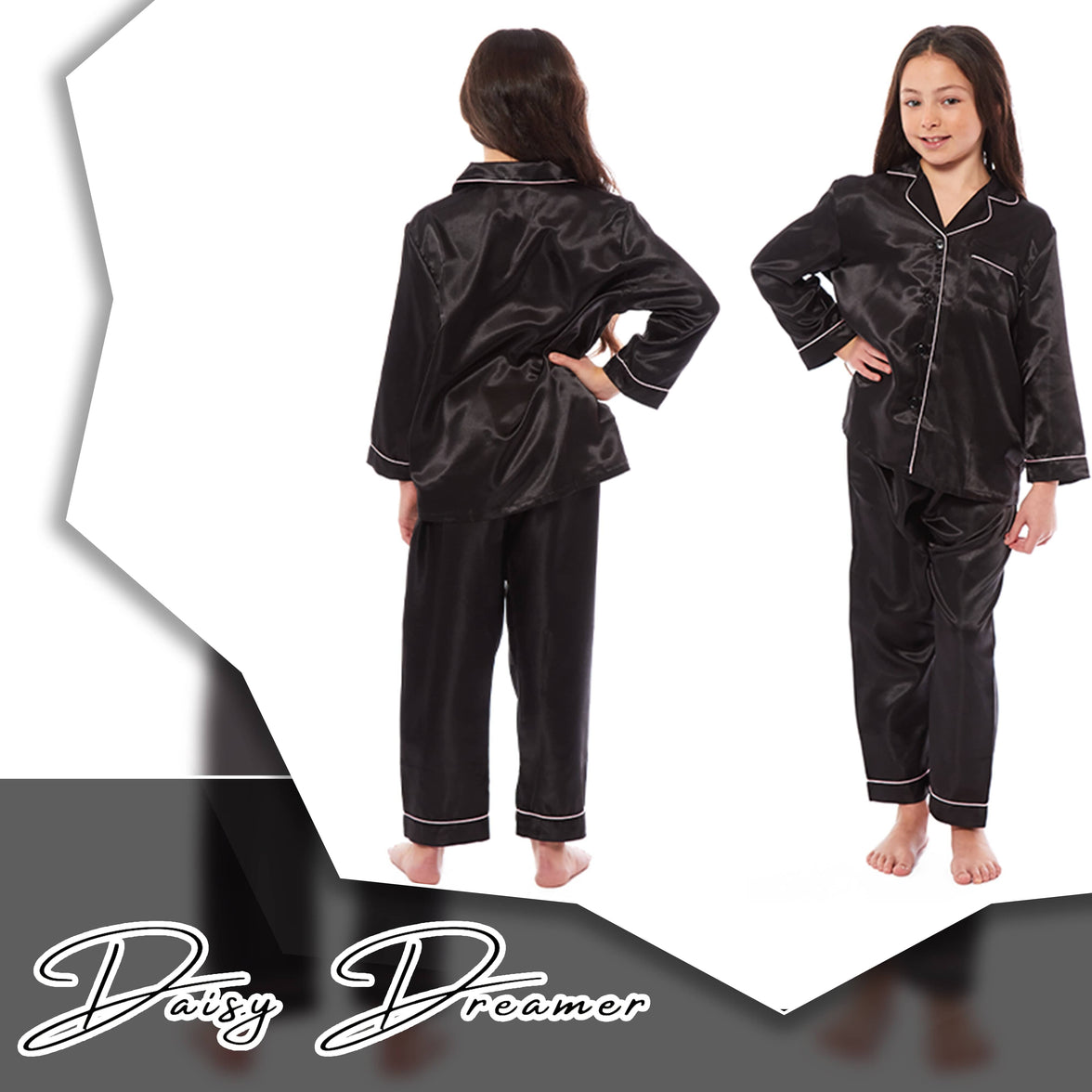 Girls Satin Silk Long Sleeve Pyjama Set Elegant Loungewear Cosy Nightwear Button-Down Shirt Loose-Fit Pants Black Pink Grey Sizes 5-14 by Daisy Dreamer Pyjamas