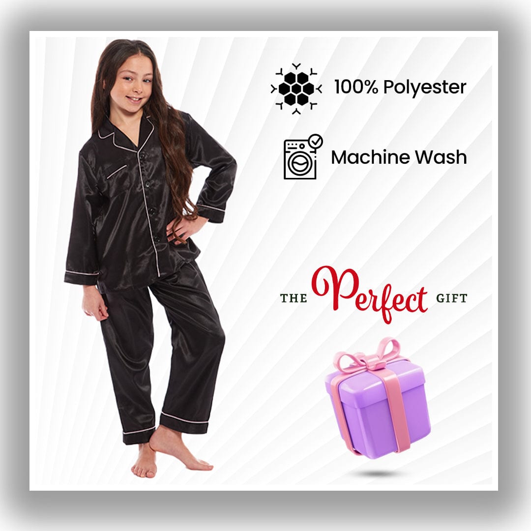 Girls Satin Silk Long Sleeve Pyjama Set Elegant Loungewear Cosy Nightwear Button-Down Shirt Loose-Fit Pants Black Pink Grey Sizes 5-14 by Daisy Dreamer Pyjamas