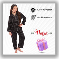 Girls Satin Silk Long Sleeve Pyjama Set Elegant Loungewear Cosy Nightwear Button-Down Shirt Loose-Fit Pants Black Pink Grey Sizes 5-14 by Daisy Dreamer Pyjamas