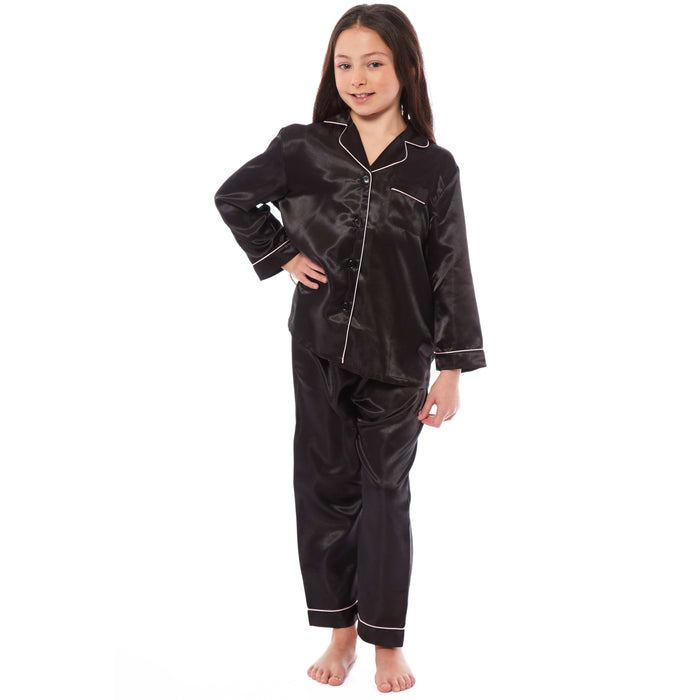 Girls Satin Silk Long Sleeve Pyjama Set Elegant Loungewear Cosy Nightwear Button-Down Shirt Loose-Fit Pants Black Pink Grey Sizes 5-14 by Daisy Dreamer 5-6 YRS / BLACK Pyjamas