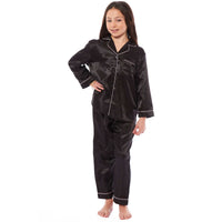 Girls Satin Silk Long Sleeve Pyjama Set Elegant Loungewear Cosy Nightwear Button-Down Shirt Loose-Fit Pants Black Pink Grey Sizes 5-14 by Daisy Dreamer Pyjamas