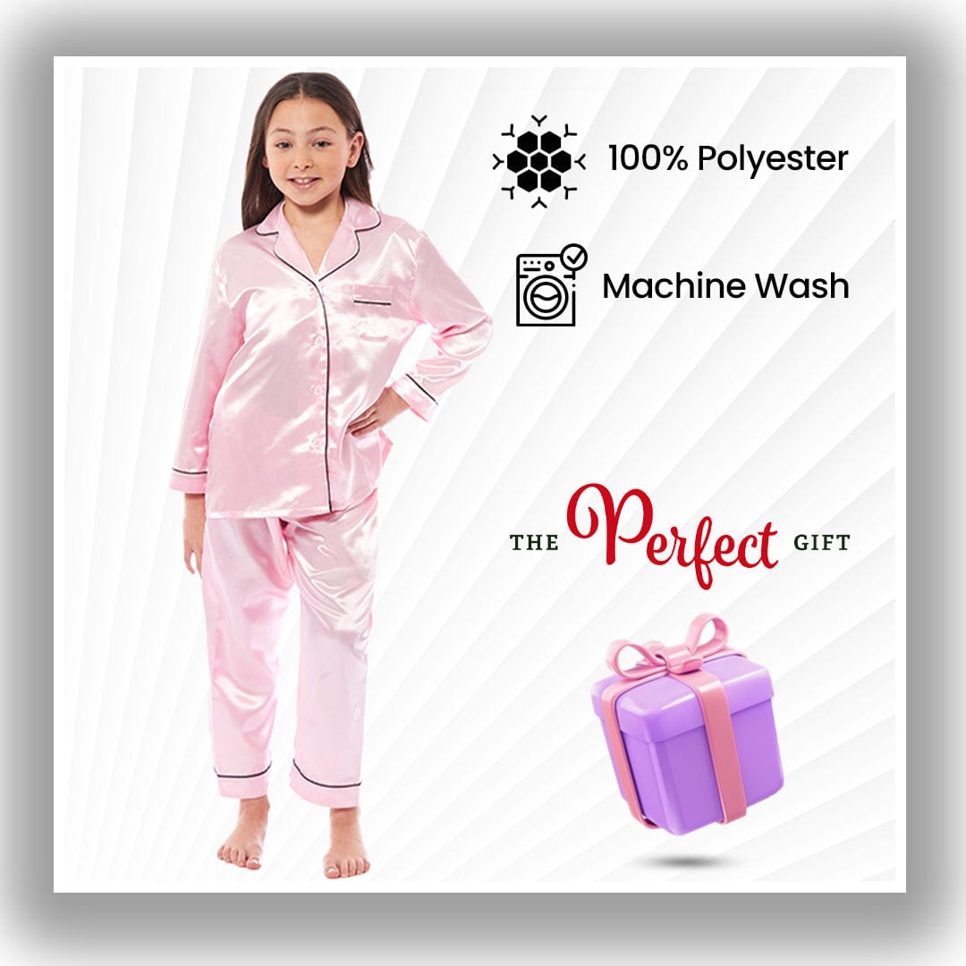 Girls Satin Silk Long Sleeve Pyjama Set Elegant Loungewear Cosy Nightwear Button-Down Shirt Loose-Fit Pants Black Pink Grey Sizes 5-14 by Daisy Dreamer Pyjamas
