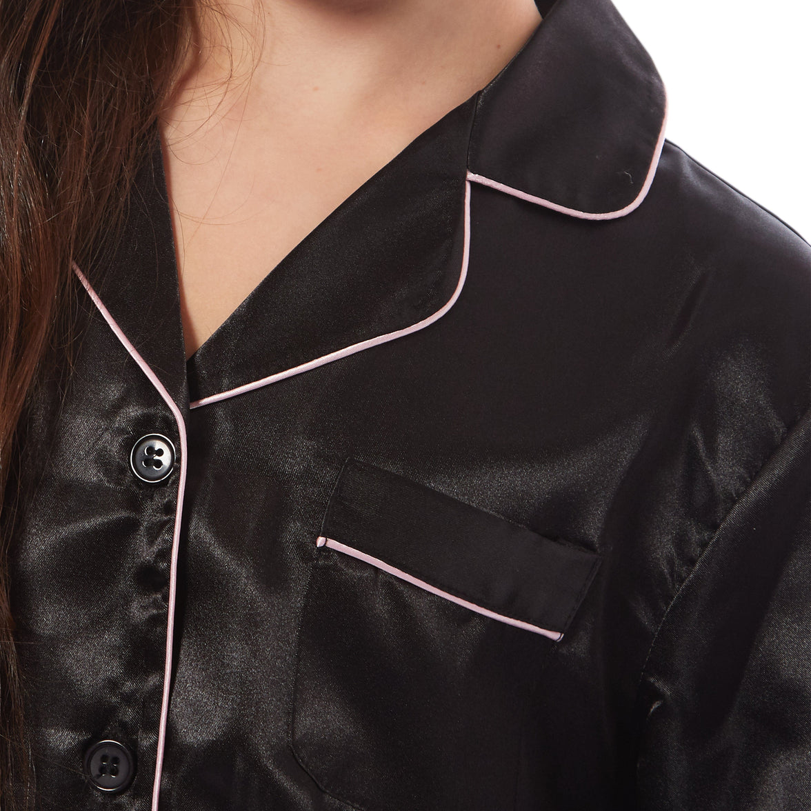 Girls Satin Silk Long Sleeve Pyjama Set Elegant Loungewear Cosy Nightwear Button-Down Shirt Loose-Fit Pants Black Pink Grey Sizes 5-14 by Daisy Dreamer Pyjamas