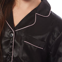Girls Satin Silk Long Sleeve Pyjama Set Elegant Loungewear Cosy Nightwear Button-Down Shirt Loose-Fit Pants Black Pink Grey Sizes 5-14 by Daisy Dreamer Pyjamas