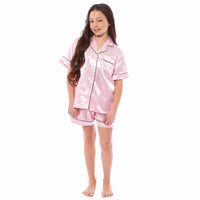 Girls Satin Silk Short Pyjama Set Button-Down Shirt and Loose-Fitting Pants Loungewear Nightwear for Ages 5-14 Black Pink Grey by Daisy Dreamer Pyjamas