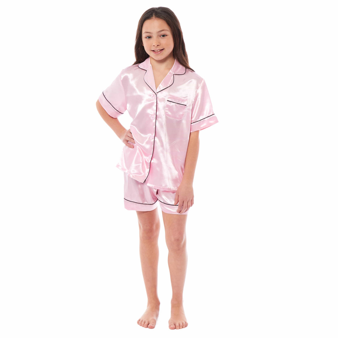 Girls Satin Silk Short Pyjama Set Button-Down Shirt and Loose-Fitting Pants Loungewear Nightwear for Ages 5-14 Black Pink Grey by Daisy Dreamer 5-6 YRS / PINK Pyjamas