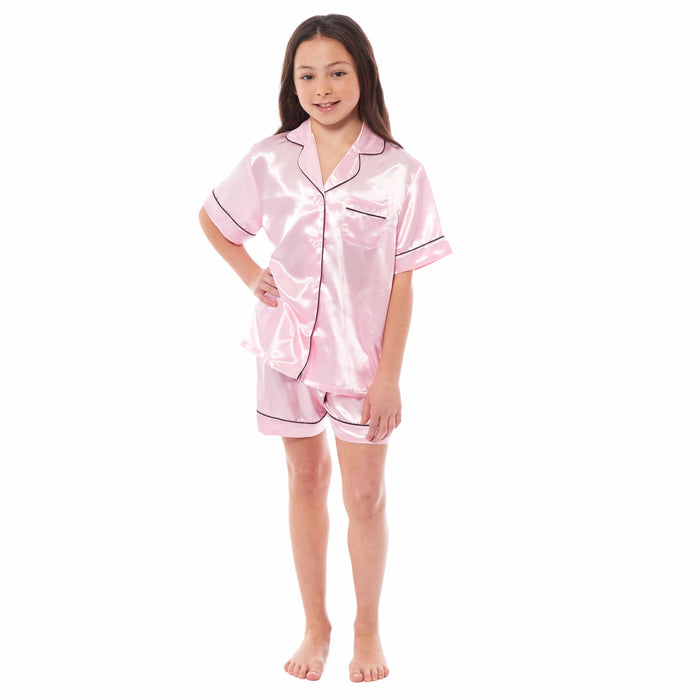 Girls Satin Silk Short Pyjama Set Button-Down Shirt and Loose-Fitting Pants Loungewear Nightwear for Ages 5-14 Black Pink Grey by Daisy Dreamer 5-6 YRS / PINK Pyjamas