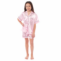 Girls Satin Silk Short Pyjama Set Button-Down Shirt and Loose-Fitting Pants Loungewear Nightwear for Ages 5-14 Black Pink Grey by Daisy Dreamer 5-6 YRS / PINK Pyjamas