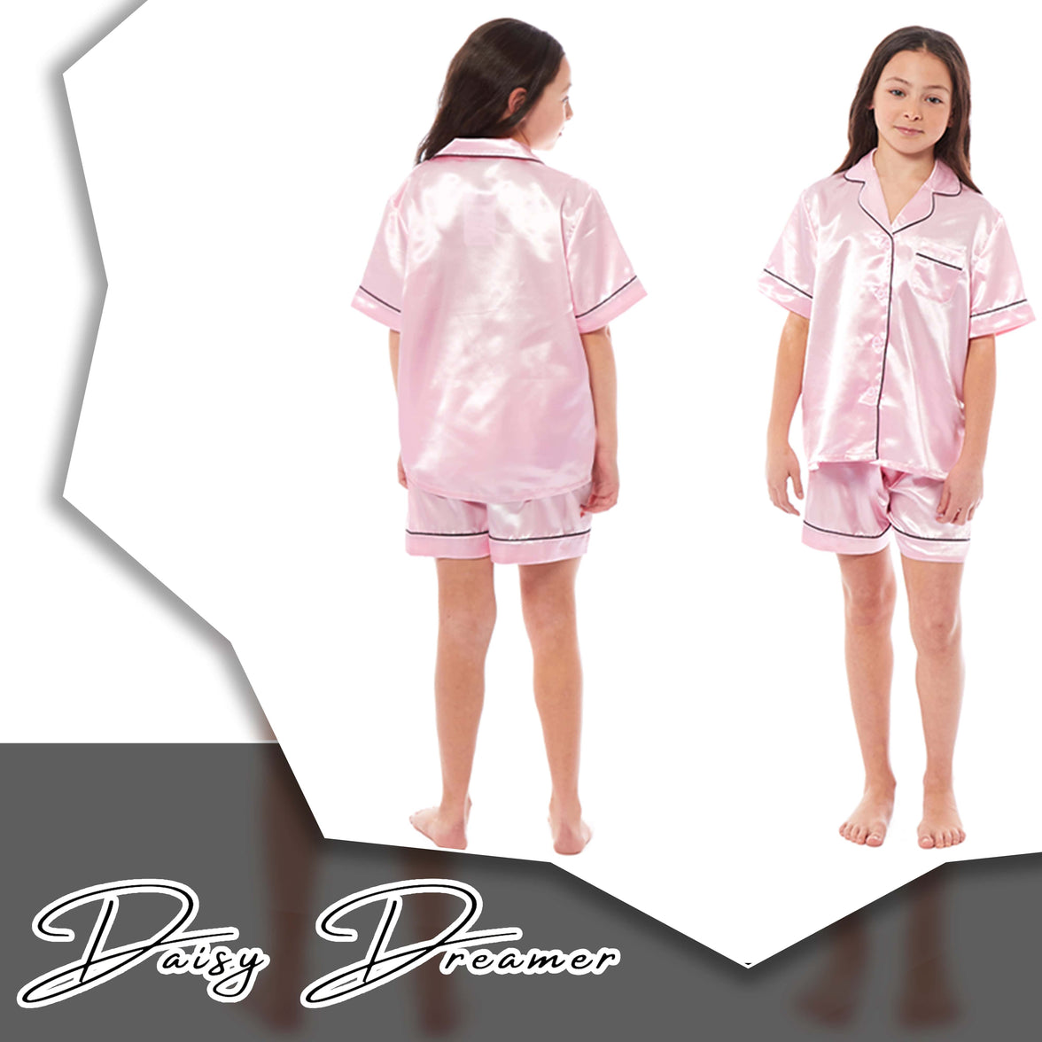 Girls Satin Silk Short Pyjama Set Button-Down Shirt and Loose-Fitting Pants Loungewear Nightwear for Ages 5-14 Black Pink Grey by Daisy Dreamer Pyjamas