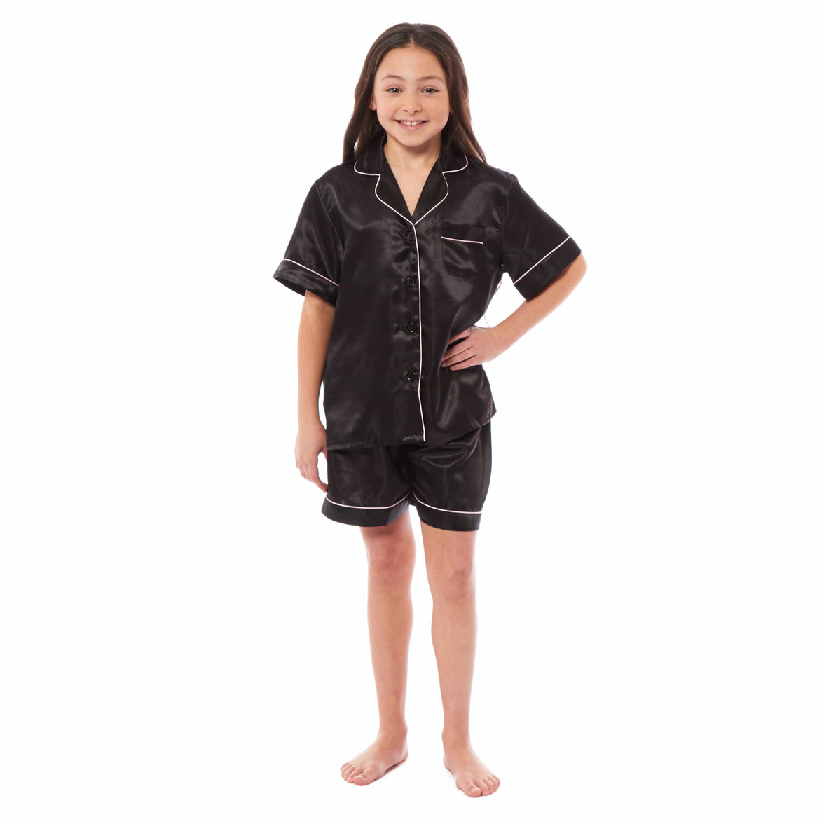 Girls Satin Silk Short Pyjama Set Button-Down Shirt and Loose-Fitting Pants Loungewear Nightwear for Ages 5-14 Black Pink Grey by Daisy Dreamer Pyjamas