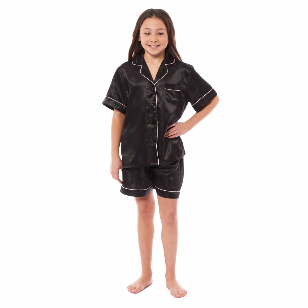 Girls Satin Silk Short Pyjama Set Button-Down Shirt and Loose-Fitting Pants Loungewear Nightwear for Ages 5-14 Black Pink Grey by Daisy Dreamer Pyjamas