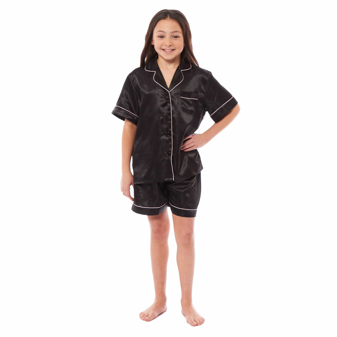 Girls Satin Silk Short Pyjama Set Button-Down Shirt and Loose-Fitting Pants Loungewear Nightwear for Ages 5-14 Black Pink Grey by Daisy Dreamer 5-6 YRS / BLACK Pyjamas