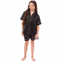 Girls Satin Silk Short Pyjama Set Button-Down Shirt and Loose-Fitting Pants Loungewear Nightwear for Ages 5-14 Black Pink Grey by Daisy Dreamer Pyjamas