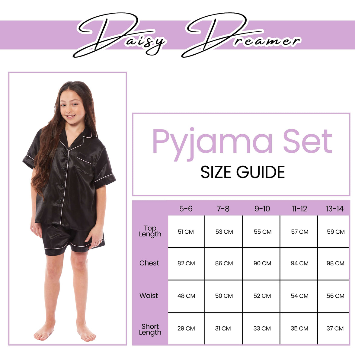 Girls Satin Silk Short Pyjama Set Button-Down Shirt and Loose-Fitting Pants Loungewear Nightwear for Ages 5-14 Black Pink Grey by Daisy Dreamer Pyjamas