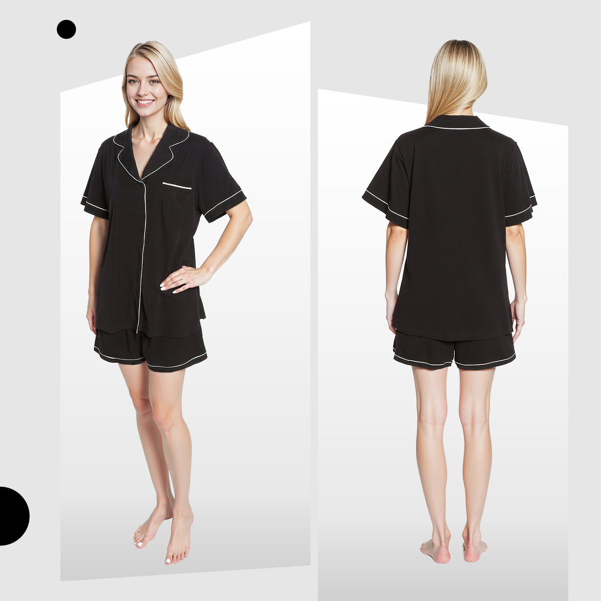 Women's Black Short Pyjama Set Super Soft Sleepwear Nightwear Button Up Top and Shorts with Pockets PJs by Daisy Dreamer Pyjamas