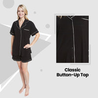 Women's Black Short Pyjama Set Super Soft Sleepwear Nightwear Button Up Top and Shorts with Pockets PJs by Daisy Dreamer Pyjamas