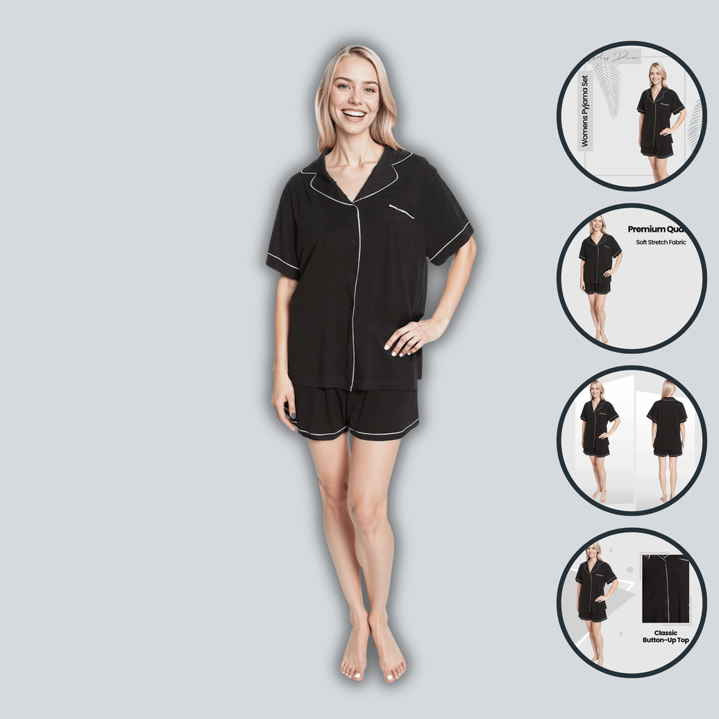 Women's Black Short Pyjama Set Super Soft Sleepwear Nightwear Button Up Top and Shorts with Pockets PJs by Daisy Dreamer Pyjamas
