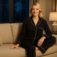 Women's Black Pyjama Set Soft Touch Long Sleeve Button-Up Top & Bottoms Two-Piece Nightwear by Daisy Dreamer Pyjamas