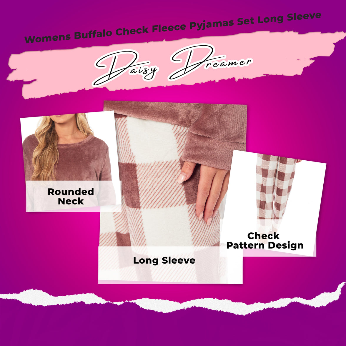 Women's Buffalo Check Fleece Pajama Set Long Sleeve Top and Bottoms Luxuriously Soft Nightwear for Cozy Comfort in Various Sizes by Daisy Dreamer Pyjamas