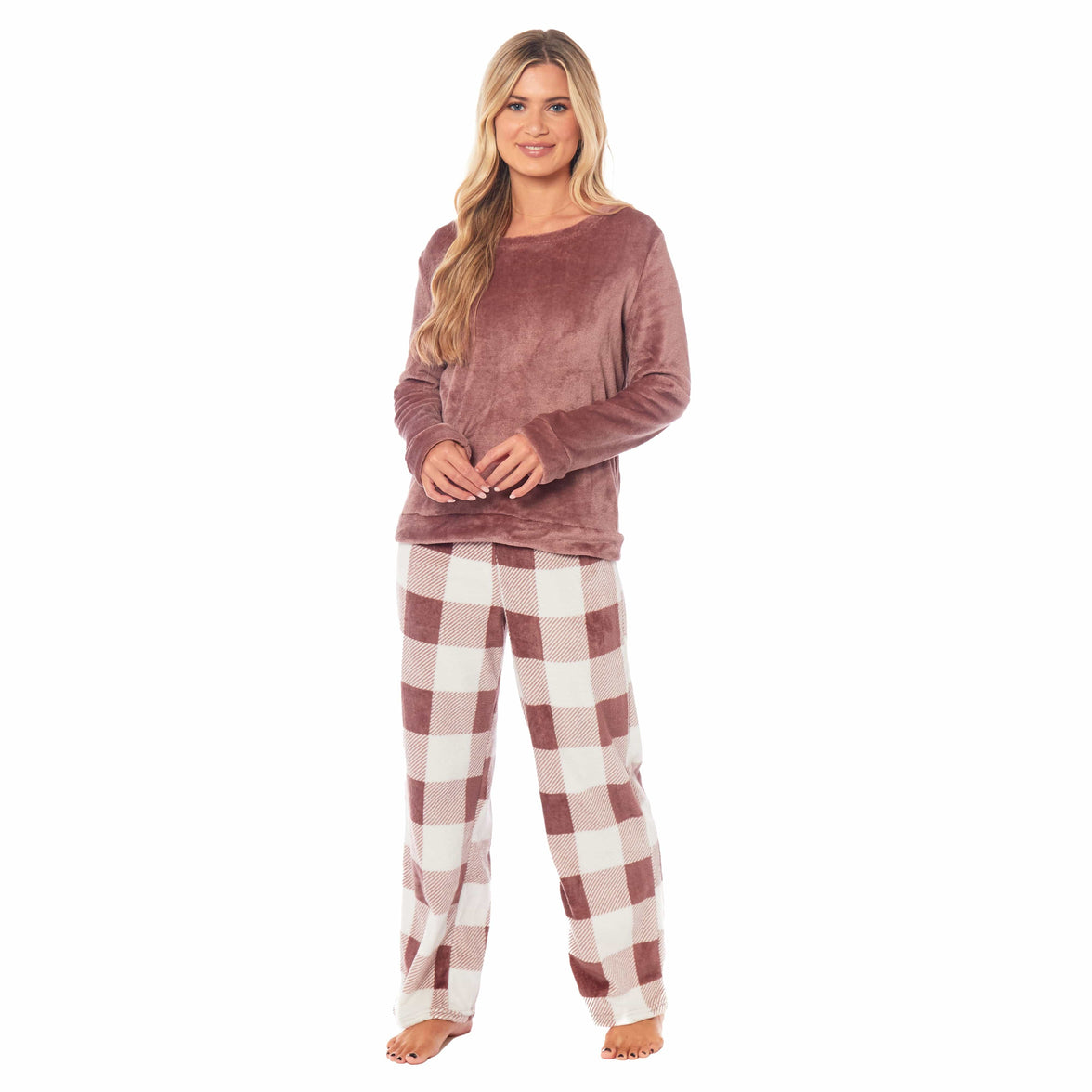 Women's Buffalo Check Fleece Pajama Set Long Sleeve Top and Bottoms Luxuriously Soft Nightwear for Cozy Comfort in Various Sizes by Daisy Dreamer Pyjamas