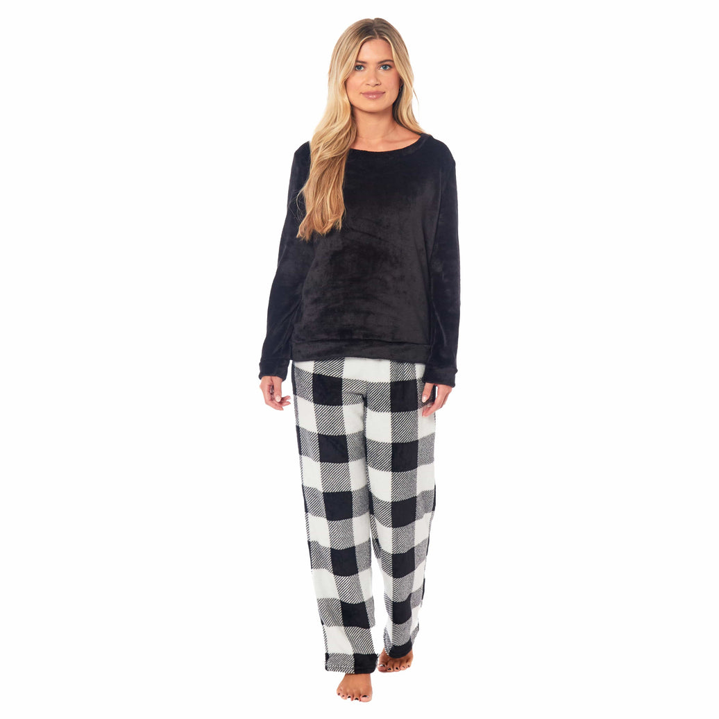 Women's Buffalo Check Fleece Pajama Set Long Sleeve Top and Bottoms Luxuriously Soft Nightwear for Cozy Comfort in Various Sizes by Daisy Dreamer Pyjamas