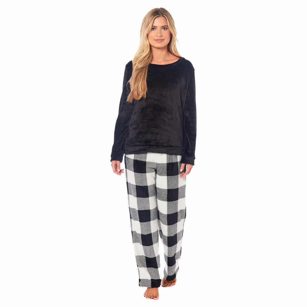 Women's Buffalo Check Fleece Pajama Set Long Sleeve Top and Bottoms Luxuriously Soft Nightwear for Cozy Comfort in Various Sizes by Daisy Dreamer Pyjamas