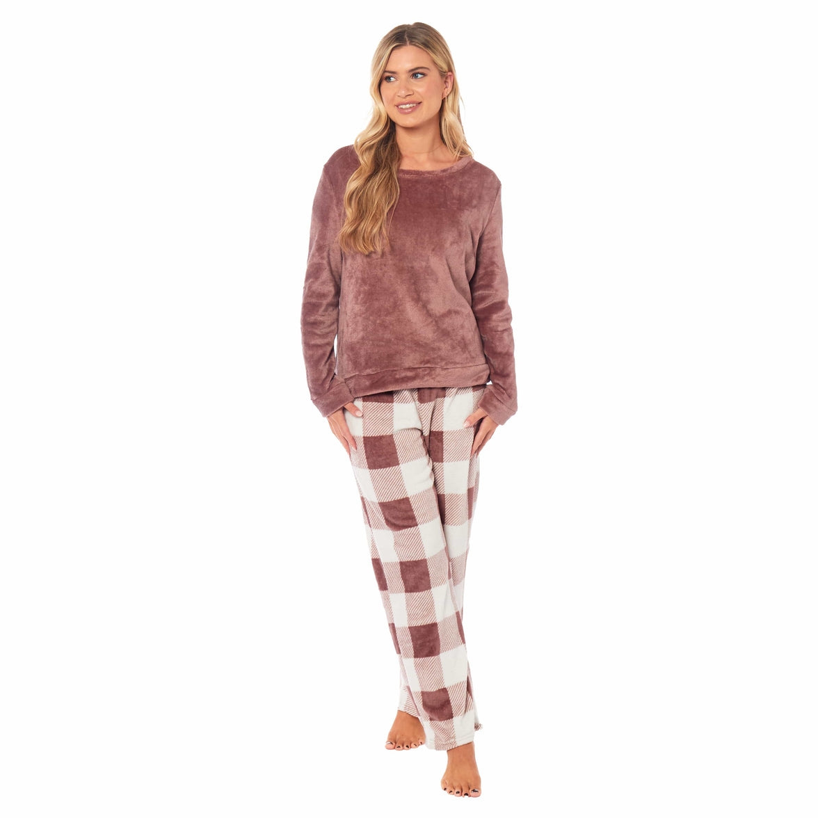 Women's Buffalo Check Fleece Pajama Set Long Sleeve Top and Bottoms Luxuriously Soft Nightwear for Cozy Comfort in Various Sizes by Daisy Dreamer Pyjamas
